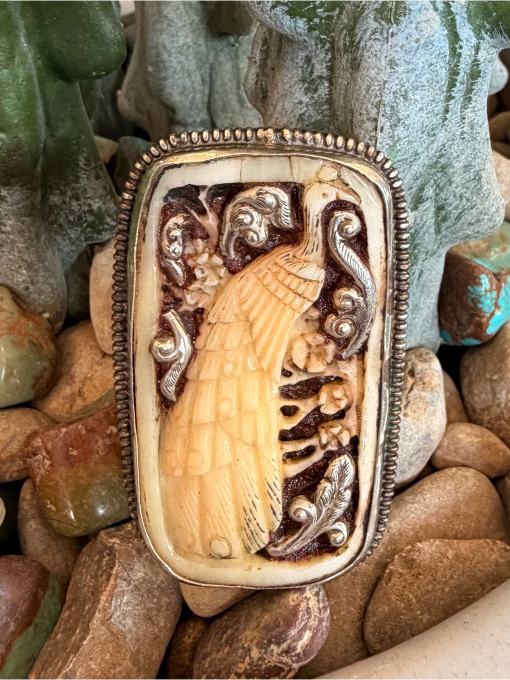 Faux Carved Ivory-Tone Peacock Adjustable Ring